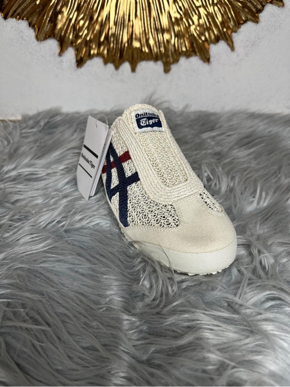 Onitsuka Tiger by Asics Kids Cream Sneaker with Navy and Red Stripes